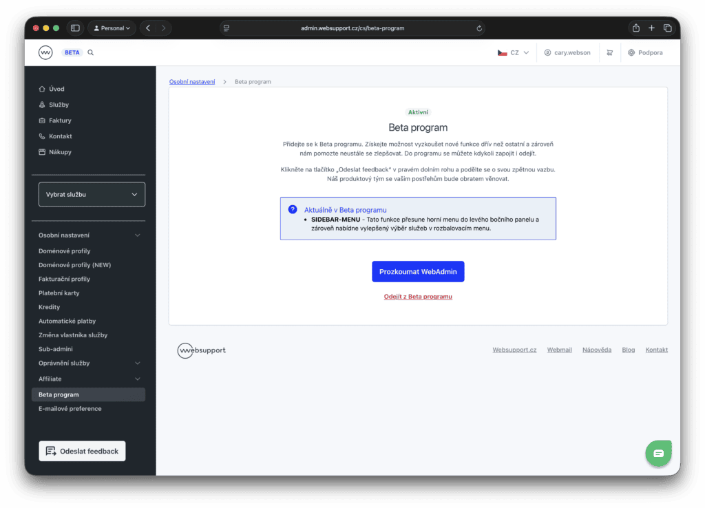 Odhlášení z Beta programu ve WebAdminu Websupportu

