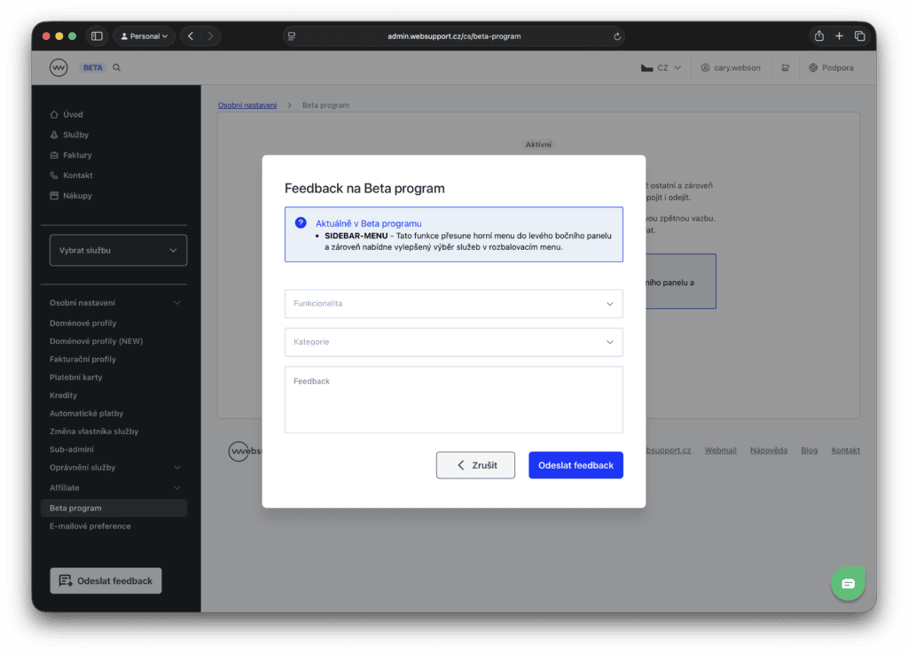 Formulář pro zpětnou vazbu k Beta programu ve Websupportu
