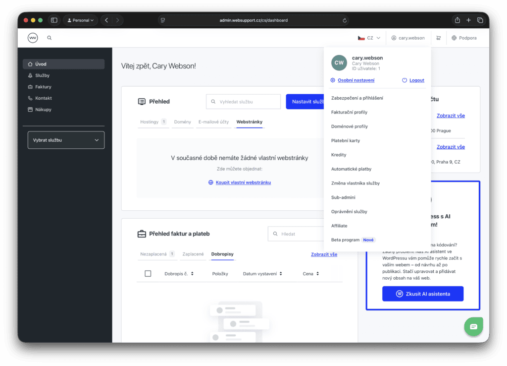 Menu ve WebAdminu Websupportu pro Beta program